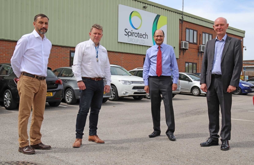 The Sawtry based engineering Spirotech company is an important local employer – it designs and manufactures conveying systems and pressure vessels, exporting them all round the world.  Pictured are Sawtry County Councillor Simon Bywater, Russell Gadsby, Spirotech director, Shailesh Vara, MP for North East Cambridgeshire, and Darryl Preston, the Conservative candidate for the 2021 Cambridgeshire and Peterborough Police and Crime Commissioner election.