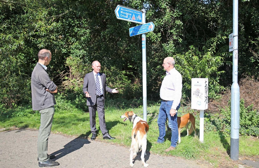 Andrew-Willey,-local-Conservative-ward-candidate,-Darryl-Preston-Conservative-PCC-candidate-May-2021-election-and-Councillor-Andy-Coles-on-the-Wellingtonia-Cycleway-in-Fletton-and-Woodston-Ward-discussing-local-drug-issues.