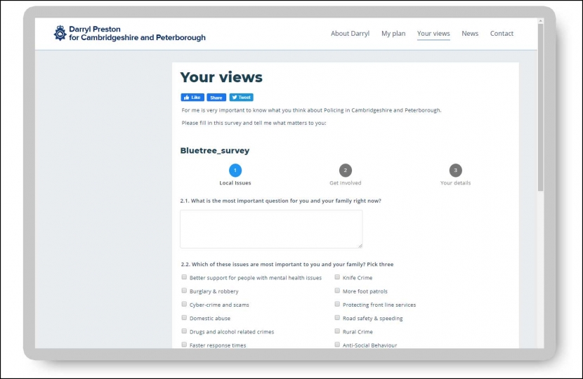 The survey form on Darryl Preston's website.  Darryl is the Conservative candidate in the election for Cambridgeshire and Peterborough Police and Crime Commissioner.