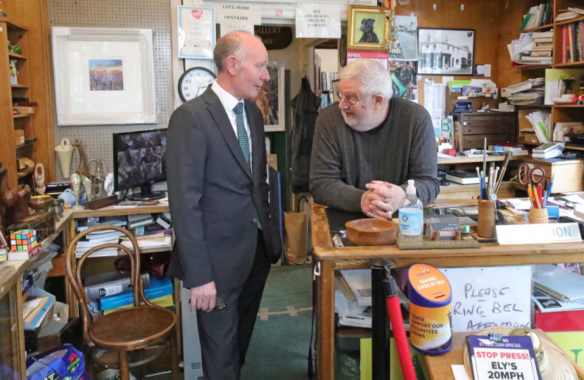 Darryl Preston with Barry Lonsdale of Cloisters Antiques in Ely, Cambridgeshire. Darryl Preston is the Conservative candidate in the Cambridgeshire and Peterborough Police and Crime Commissioner election on 2nd May 2024.